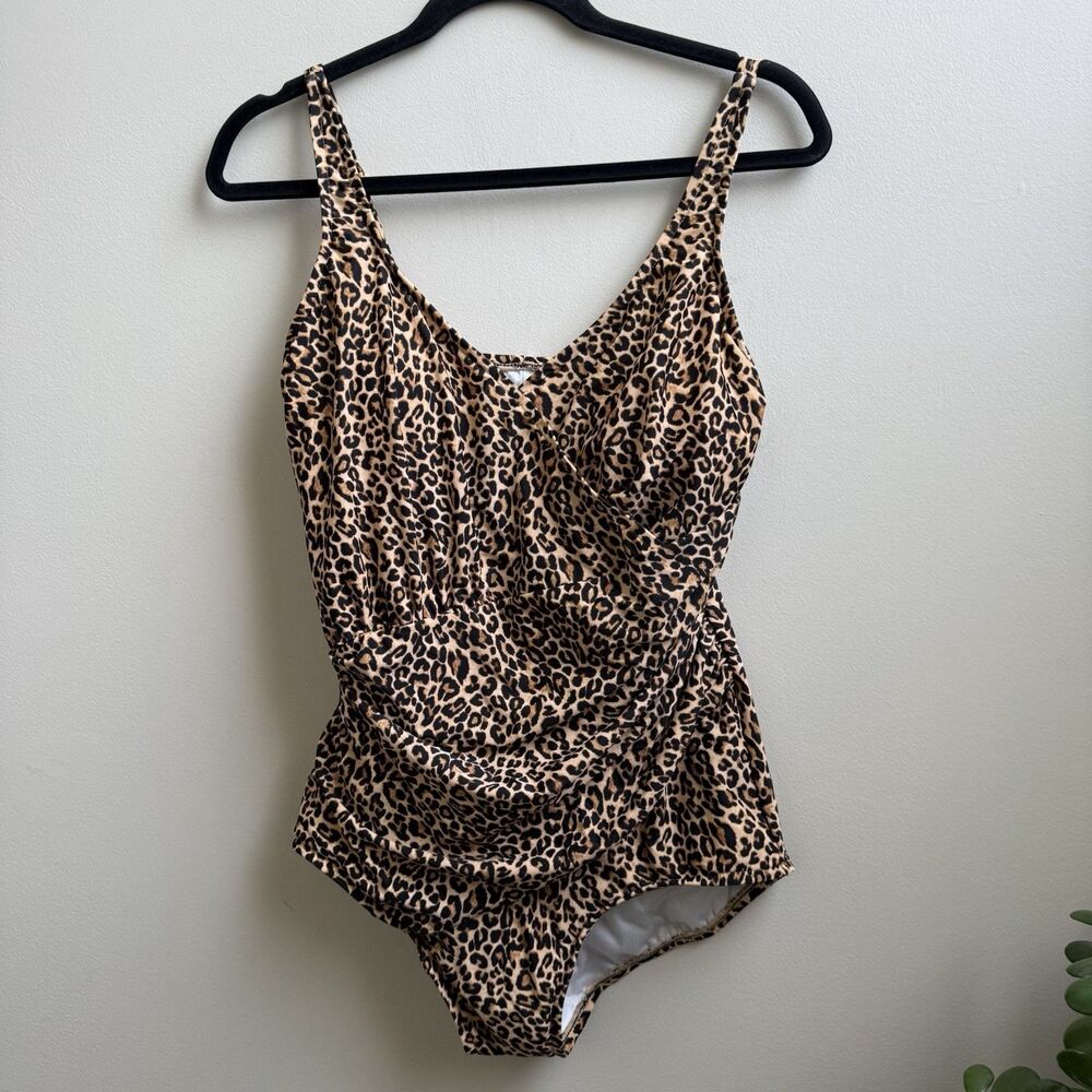 Maxine of Hollywood Leopard One Piece Swimsuit Surplice Wrap Animal Print Sz 12